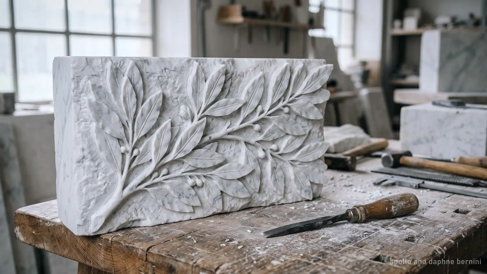 Laurel leaves carved in white marble, the motif of Bernini's Apollo and Daphne