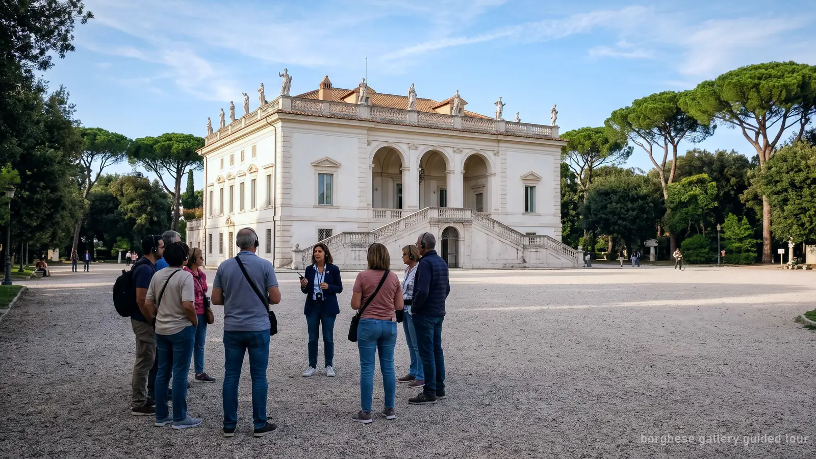 A small group with headsets and a guide outside the Borghese Gallery