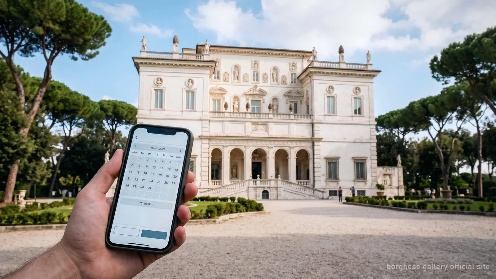 Booking a timed slot on a phone in front of the Borghese Gallery villa