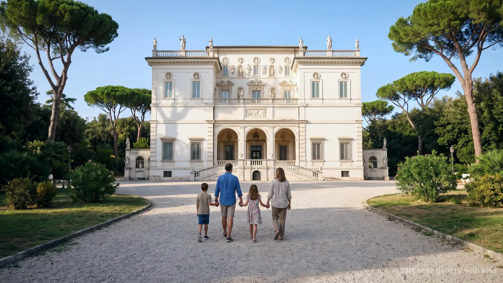 A family walking towards the Borghese Gallery villa through Villa Borghese park