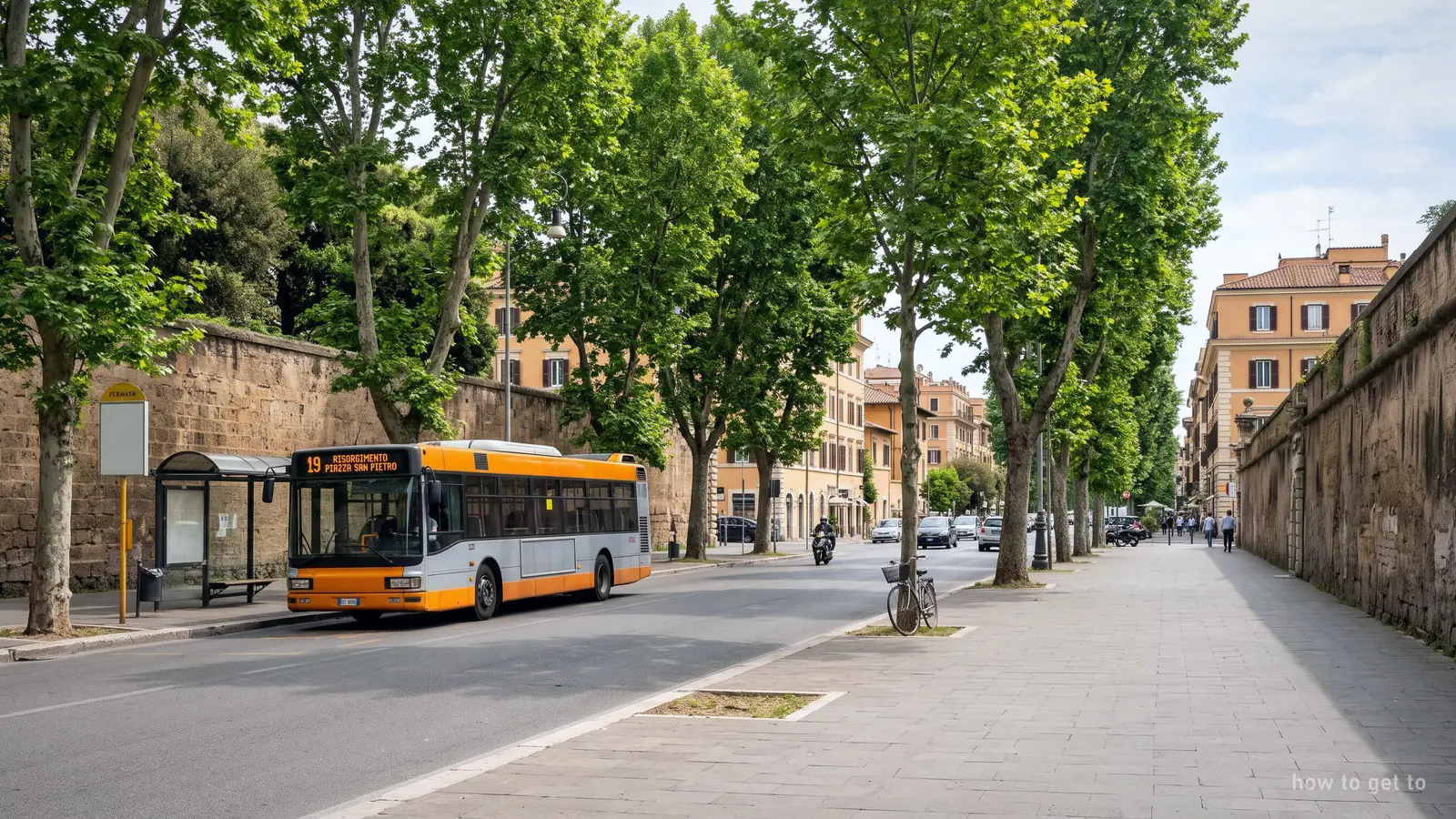 A city bus on a tree-lined Rome avenue beside the Villa Borghese park wall