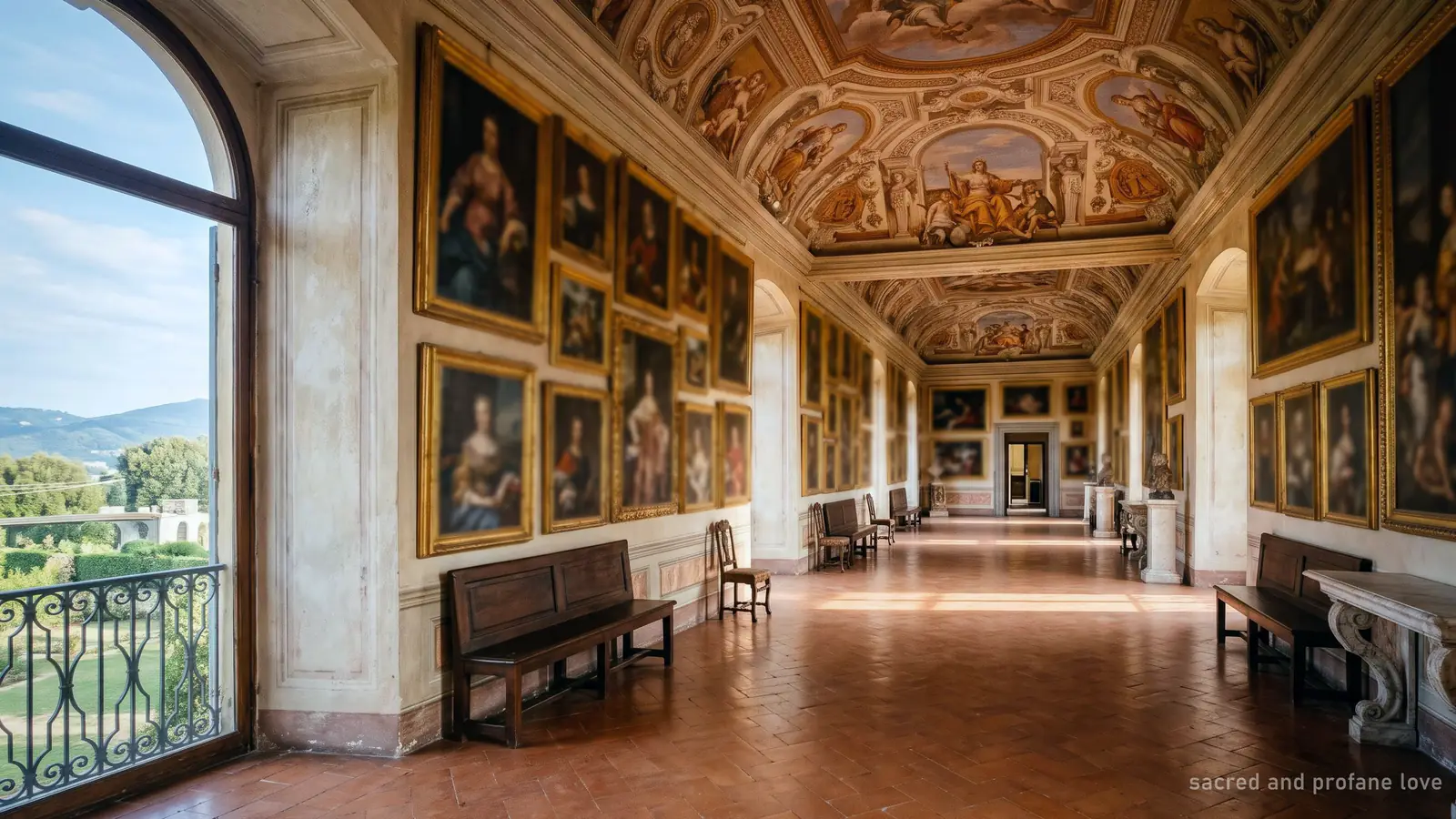 A picture gallery with gilt-framed paintings on the first floor of a baroque villa