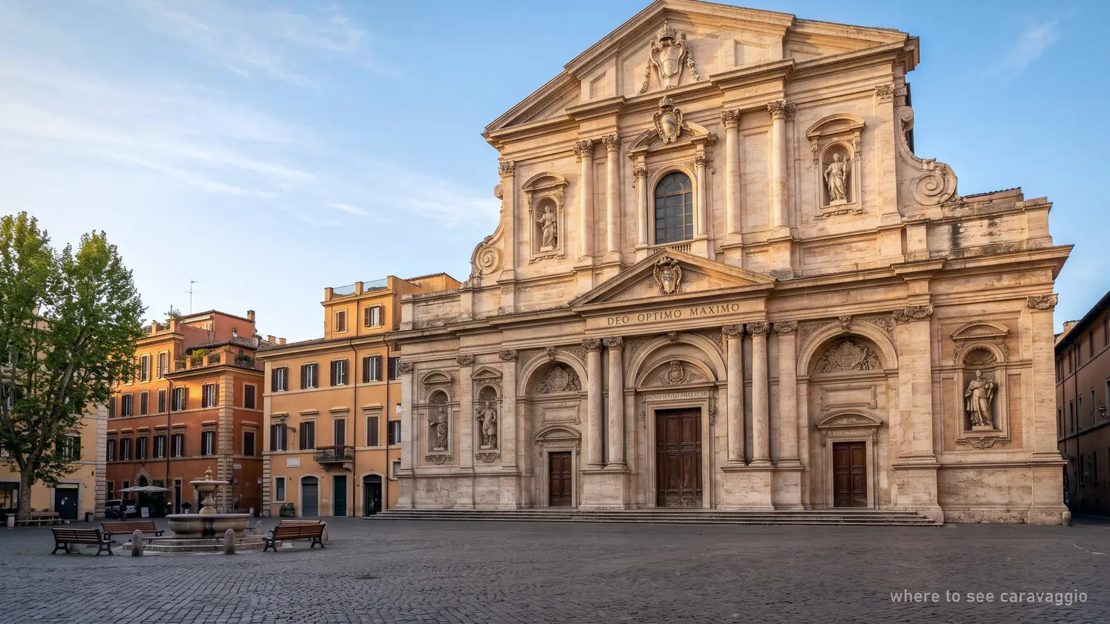 The facade of San Luigi dei Francesi in Rome, a church with three Caravaggio paintings